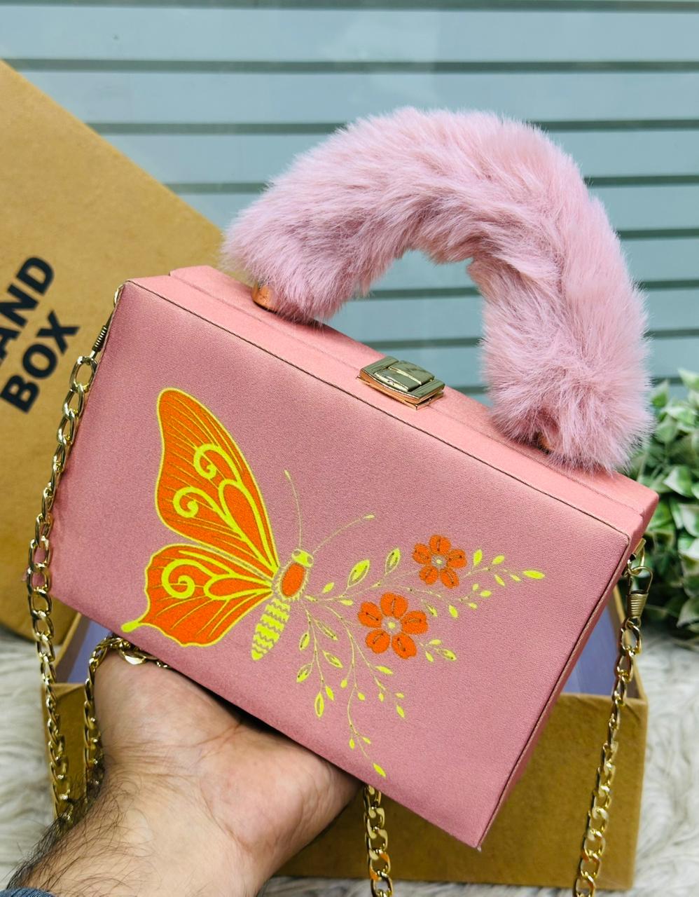 Butterfly Print Crossbody Bags with Furry Handle