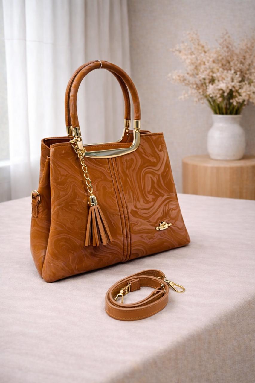 Caramel Marble Handbag with Gold Accents