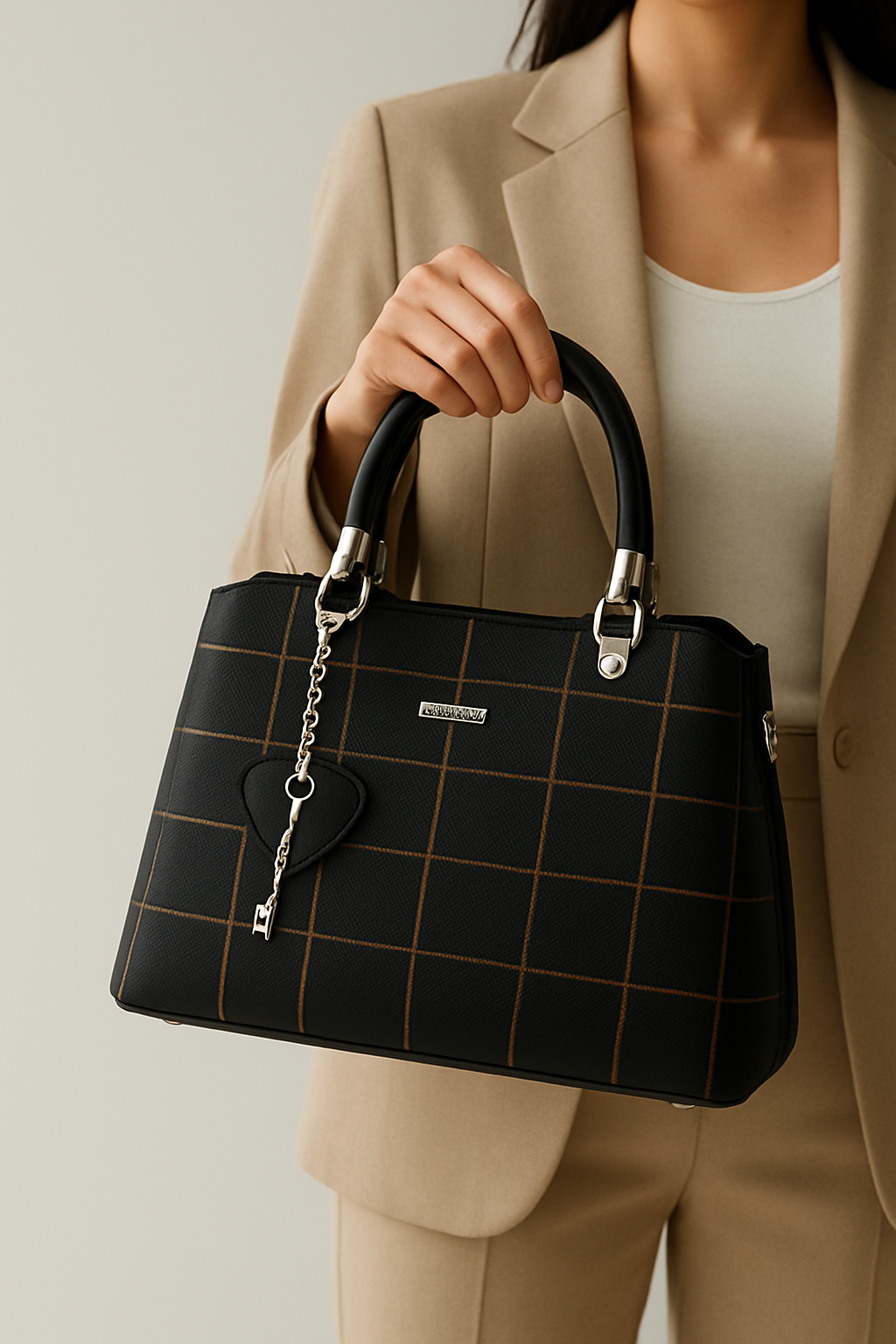 Luxury Checkered Handbag for Women – With Heart Keychain