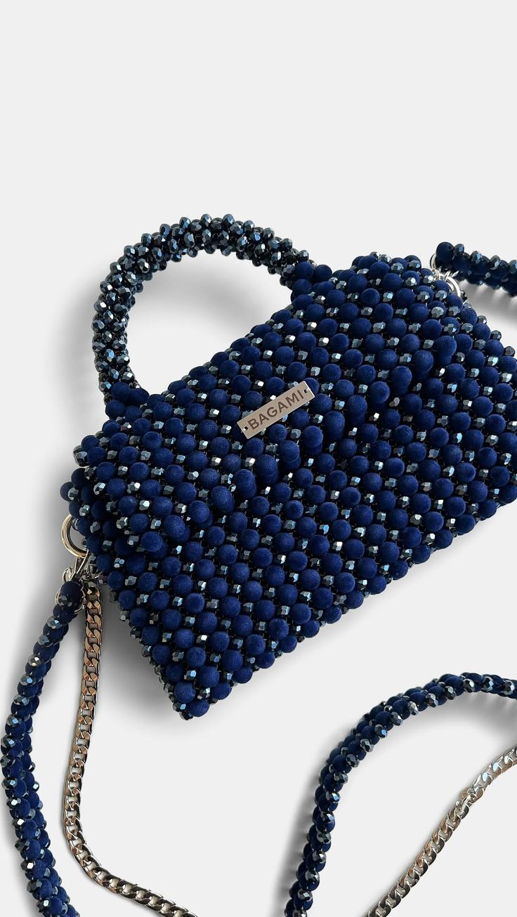 Blue Velvet Pearl Beaded Handbag