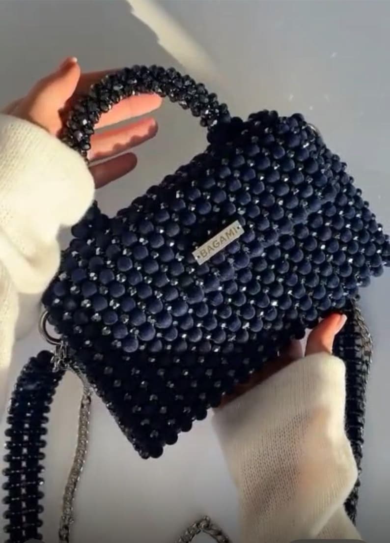 Blue Velvet Pearl Beaded Handbag